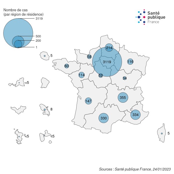 Figure 1. Cas de variole du singe totaux (n= 4 955 cas) par région de résidence (ou par région de signalement lorsque la région de résidence est inconnue), France, mai 2022-janvier 2023 (données au 24/01/2023 – 12h00)