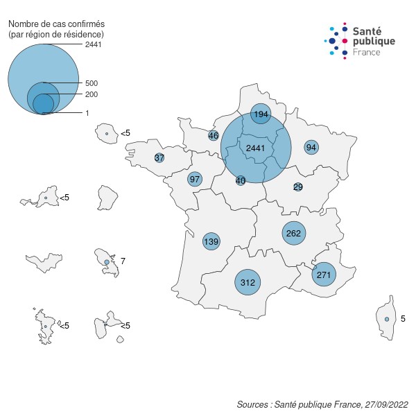 Figure 1. Cas confirmés biologiquement de variole du singe (n=3 978 cas) par région de résidence (ou par région de signalement lorsque la région de résidence est inconnue), France, mai-septembre 2022 (données au 27/09/2022 – 12h00)