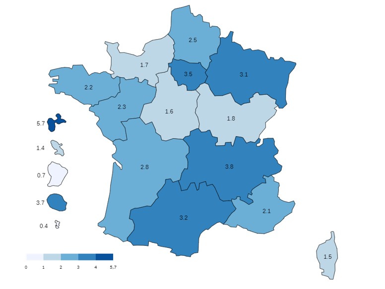 Distribution du nombre de TIAC déclarées aux ARS et/ou aux DD(CS)PP pour 100 000 habitants par région - France, 2022
