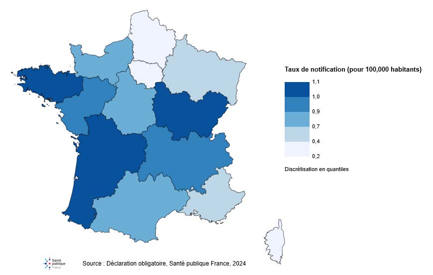 Taux de notification des cas de leptospirose par région, France Hexagonale et Corse, données du signalement obligatoire, 2024