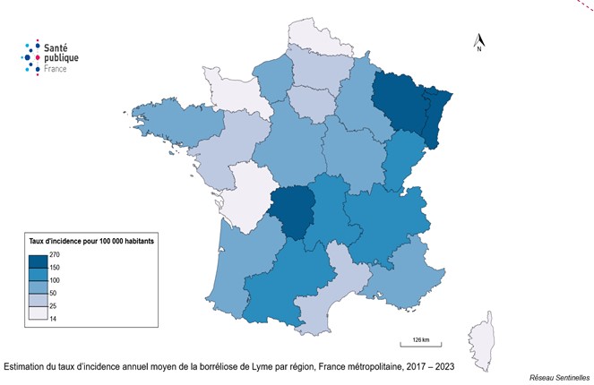 Estimation du taux d’incidence annuel moyen de la borréliose de Lyme par région, France métropolitaine, 2017 – 2023)