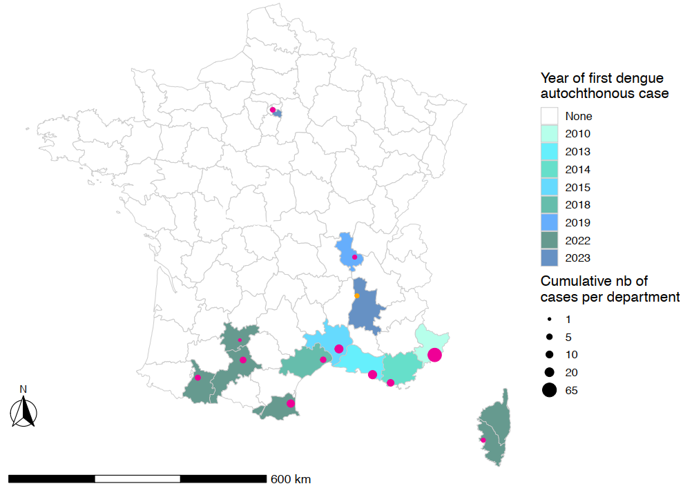 Carte des cas autochtones de dengue en France hexagonale, par année